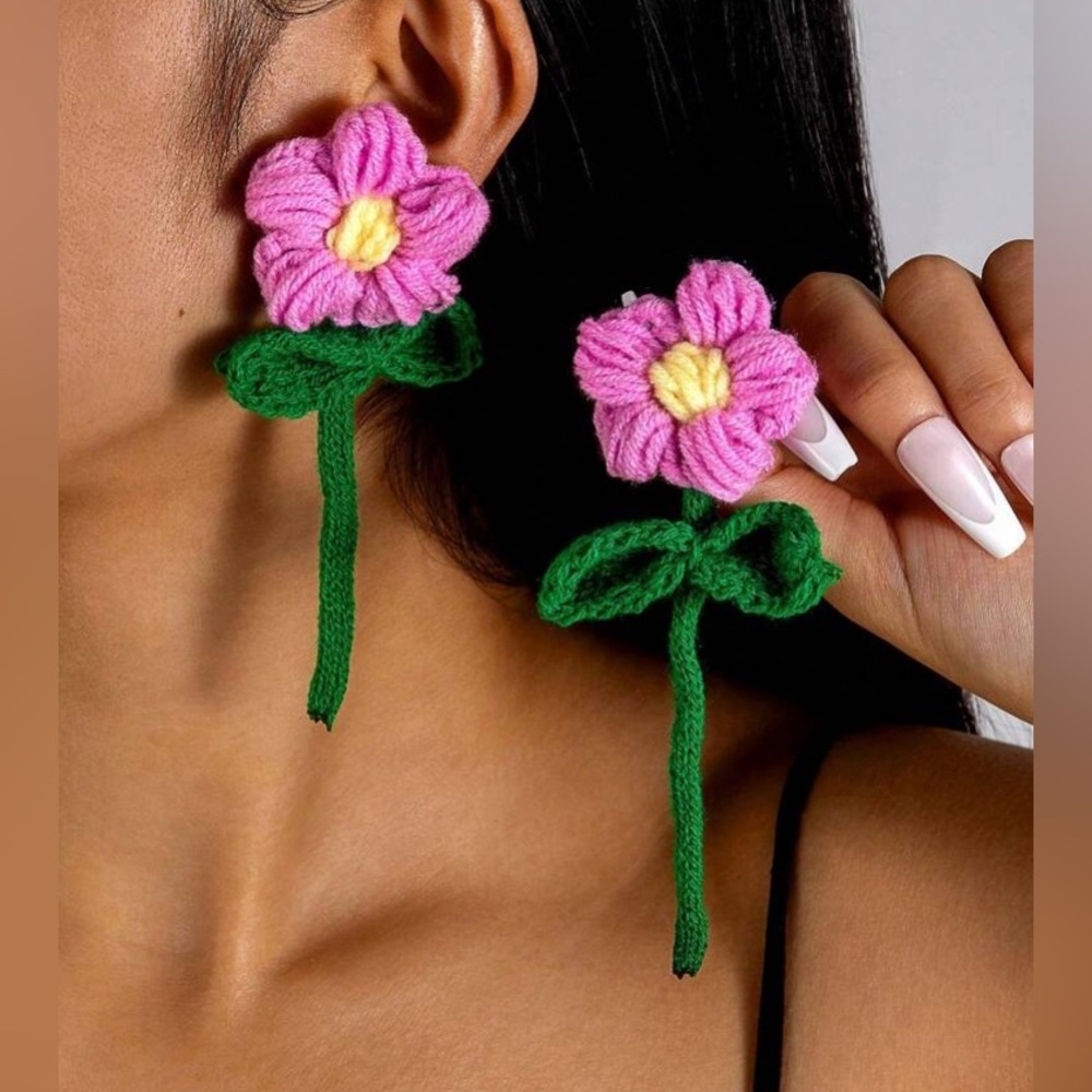 Beautiful Handmade Polyester Floral Knitted Earrings